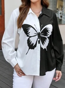 SHEIN LUNE Camisa De Bloques De Color Con Estampado De Mariposas De Talla Grande Para Mujer - Blanco y Negro - Ver 6