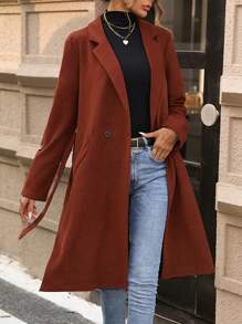 SHEIN LUNE Roll Tab Sleeve Double Button Belted Coat - Rose Red - View 5