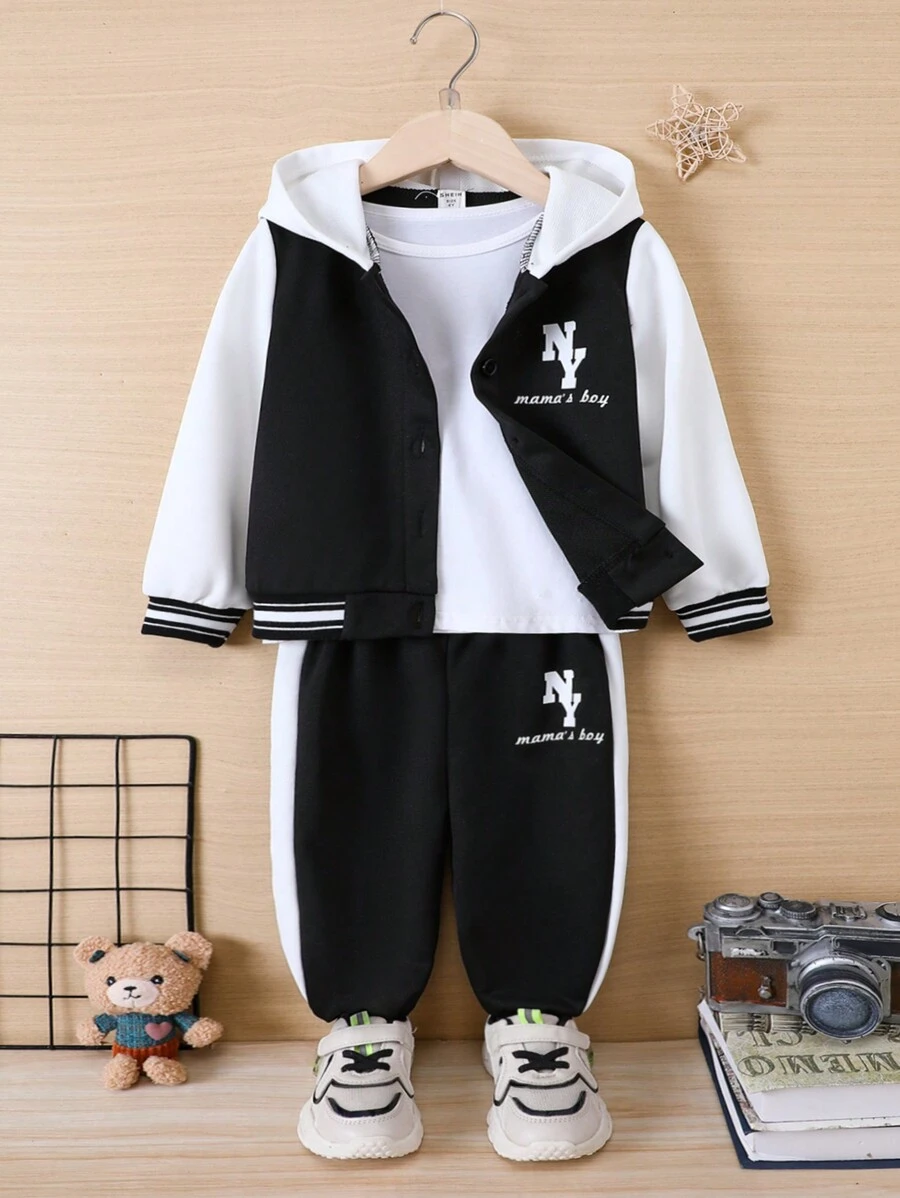 SHEIN Young Boy Letter Graphic Two Tone Hooded Jacket & Sweatpants Without Tee - Multicolor - View 1