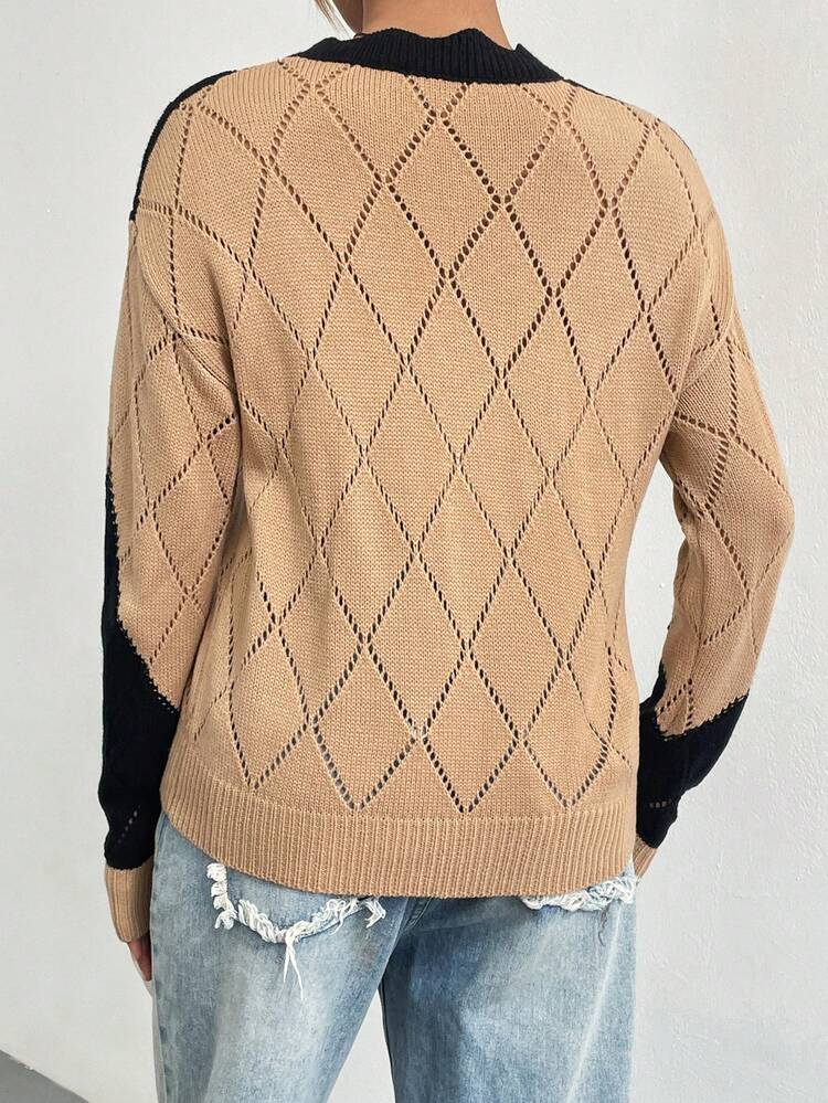 Two Tone Drop Shoulder Pointelle Knit Pullover Fall Winter Sweater