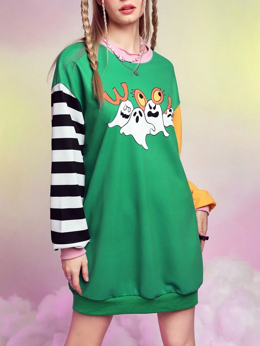 SHEINNeu 卡通圖案撞色落肩袖衛衣洋裝 - 彩色 - 查看 1