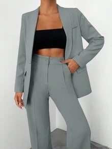 SHEIN 高個女款灰色素色披肩領長袖西裝外套與高腰長褲休閒套裝,附口袋細節 - 灰色 - 查看 7