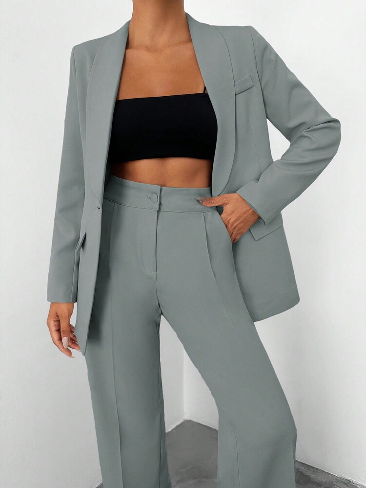 SHEIN طقم بدلة كاجوال نسائية مقاس طويل بلون رمادي موحد، بليزر بياقة شال وأكمام طويلة مع بنطلون خصر عالي وتفاصيل جيوب - رمادي - مشاهدة 6