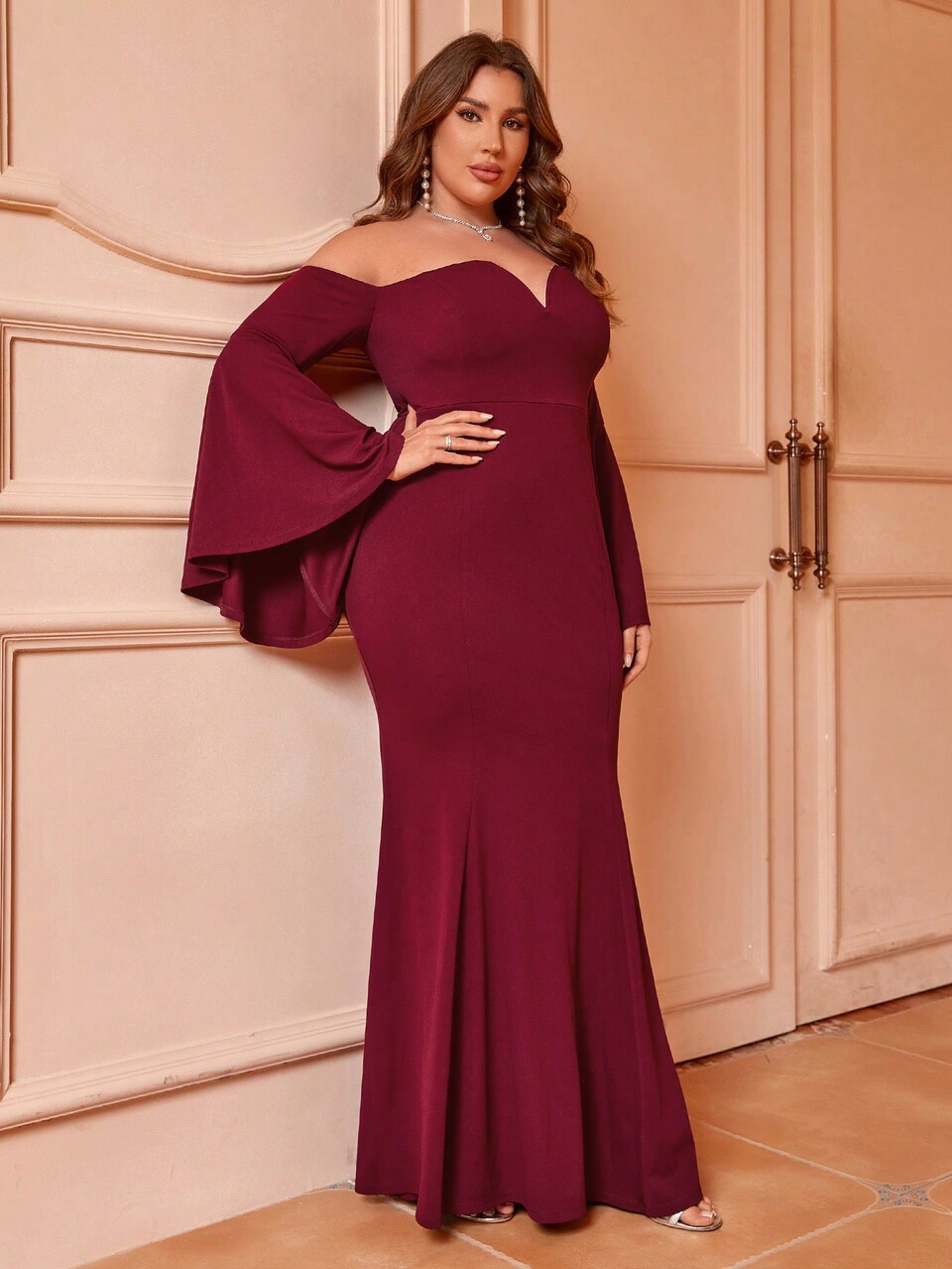 Women's Off Shoulder Deep V-neck Mermaid Dress With Flared Sleeves In Plus Size For Bridesmaid