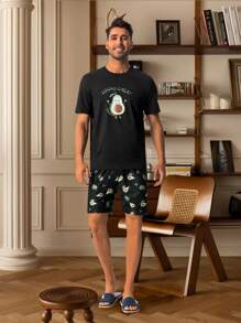 Conjunto de pijama / Pijama con gráfico de lema y dibujos animados para hombres - Negro - Ver 5