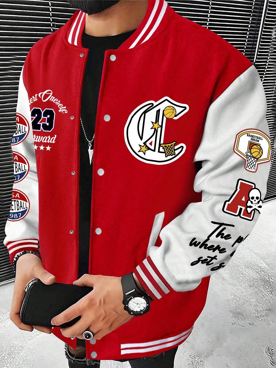 Manfinity Chaquéta De Béisbol Para Hombre Con Gráfico De Dos Tonos De Letras - Multicolor - Ver 1