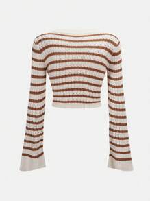 SHEIN Unity Pull court à manches évasées avec motif rayé, pour l'automne et l'hiver - Rouge - Voir 2