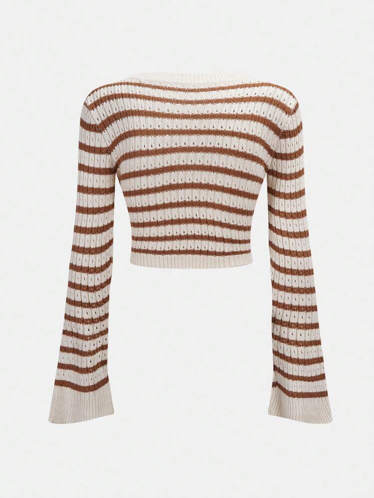 Striped Pattern Flare Sleeve Crop Knit Pullover Fall Winter Sweater