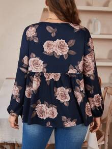 SHEIN LUNE Plus Size Floral Pattern Long Sleeve T-shirt - Multicolor - View 2