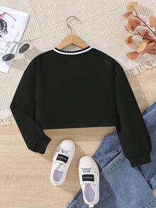 SHEIN Tween Girl Letter Graphic Striped Trim Crop Sweatshirt - Black - View 2