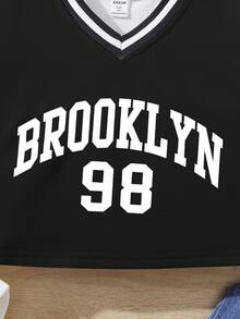 SHEIN Tween Girl Letter Graphic Striped Trim Crop Sweatshirt - Black - View 4