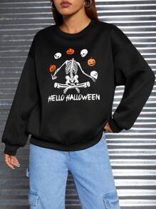 SHEIN PETITE Halloween Print Drop Shoulder Sweatshirt - Black - View 3