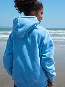 In My Nature Letter Embroidery Kangaroo Pocket Drawstring Outdoor Sweatshirt - Blue - View 2