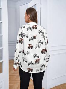SHEIN LUNE Plus Panda Print Button Front Shirt - White - View 4