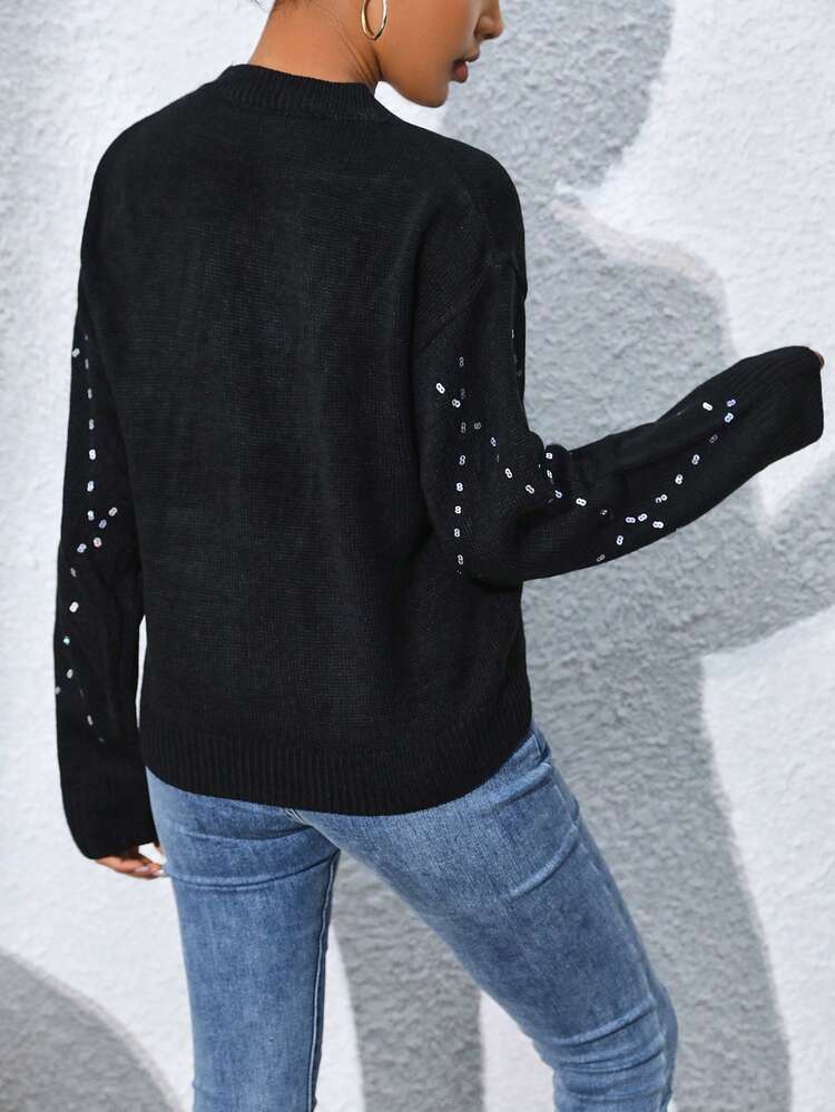 Sequin Geo Pattern Drop Shoulder Knit Pullover Fall Winter Sweater