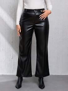 SHEIN Privé Plus PU Black Leather Flare Leg Spring  Long Pants - Black - View 5