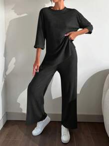 Cloudara Camiseta de hombros caídos con pantalones - Negro - Ver 3