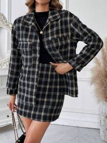 SHEIN Frenchy Plaid Print Drop Shoulder Jacket & Skirt - Black - View 1