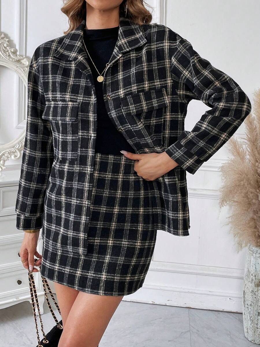 SHEIN Frenchy Plaid Print Drop Shoulder Jacket & Skirt - Black - View 1