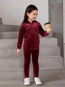 SHEIN Leap Crew Cô Gái Trẻ Thả vai Hoodie & Leggings - Đỏ - Xem 5