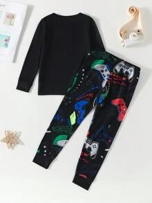 Young Boy Gamepad & Letter Graphic Snug Fit PJ Set - Black - View 2