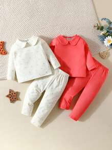 Baby Girl 2pcs Heart Print Peter Pan Collar Tee & 2pcs Pants PJ Set