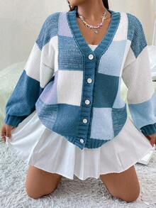 Flirla 大碼撞色落肩袖前紐扣開襟衫 - 藏蓝色 - 查看 3