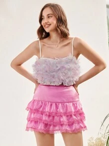 Enchnt Embroidered Mesh Trim Layered Ruffle Hem Skirt