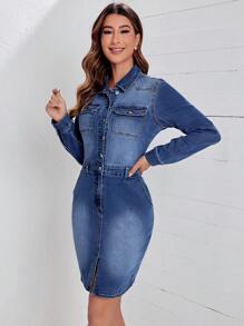 SHEIN LUNE Flap Pocket Button Front Denim Dress - Medium Wash - View 3