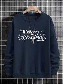 RueChic Men's Christmas Letter Printed Drop Shoulder Sweatshirt - Navy Blue - View 3