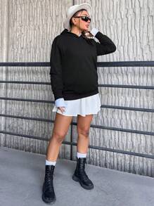 SHEIN Cottnline Plus Slogan Graphic Drop Shoulder Hoodie - Black - View 6