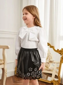 Cô Gái Trẻ Nơ mặt trước Áo sơ mi & Laser Cut Váy - Đen và trắng - Xem 3