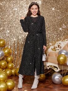 青少年女孩圍裹前打結水鑽細節金屬亮絲外套