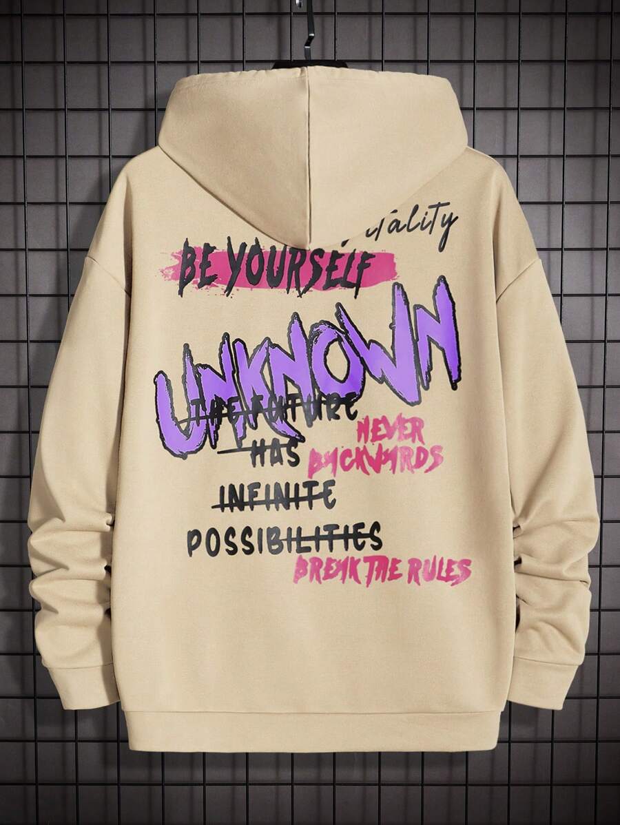 Manfinity RebelGame 男士寬鬆口袋字母圖案下垂插肩束口連帽衛衣 - 卡其色 - 查看 1