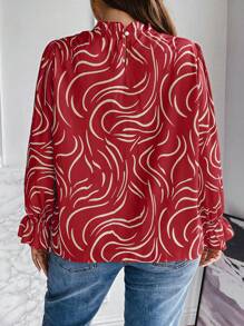 SHEIN Franclia 大碼滿版印花荷葉袖褶邊領襯衫 - 紅白色 - 查看 2