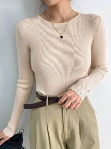 DAZY Ribbed Knit Round Neck Jumper - Apricot - View 7
