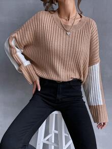 SHEIN Essnce 撞色落肩袖套頭毛衣 - 卡其色 - 查看 4