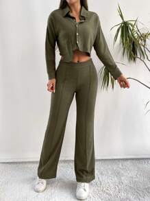Conjunto De Dos Piezas De Traje Verde Oliva Con Chaqueta De Un Solo Botón Y Pantalones - Verde militar - Ver 1