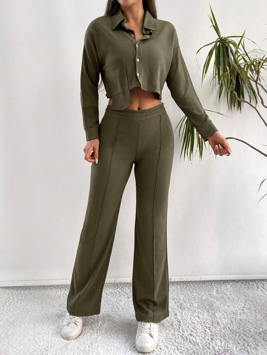 Conjunto De Dos Piezas De Traje Verde Oliva Con Chaqueta De Un Solo Botón Y Pantalones - Verde militar - Ver 1