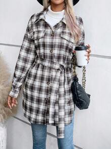 SHEIN LUNE 格紋印花落肩袖翻蓋細節外套