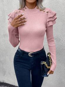 EMERY ROSE Maglione a collo alto con dettagli a bottoni, orlo arricciato, lavorazione a costine, per autunno e inverno - Rosa - Visualizzare 4