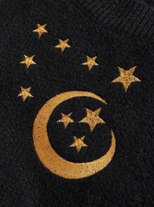 Hippie 月亮和星星刺繡喇叭袖短款毛衣 - 黑色 - 查看 4