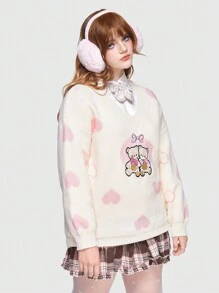 ROMWE Kawaii 大碼1入組心&卡通圖案落肩袖套頭毛衣 - 杏色 - 查看 6
