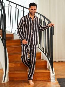 Men's Black Striped Pajama Set Regular Sleeve Lapel Gentleman Style Loungewear With Pockets And Buttons - Black - View 6