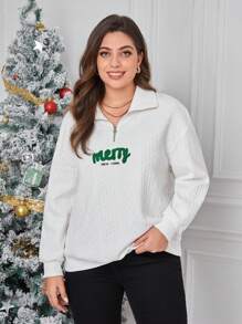 SHEIN Essnce Women's Plus Size Christmas Letter Pattern Half-Zip Sweatshirt Fall/Winter - White - View 3