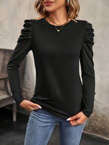 SHEIN Clasi Chất rắn Tay áo Áo thun - màu đen - Xem 4