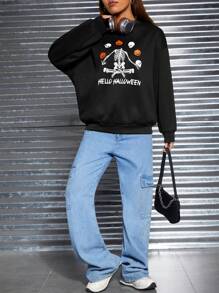 SHEIN PETITE Halloween Print Drop Shoulder Sweatshirt - Black - View 5