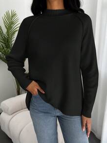EURMUSE Solid Color Stand Collar Raglan Sleeve Women'S Sweater - Black - View 5