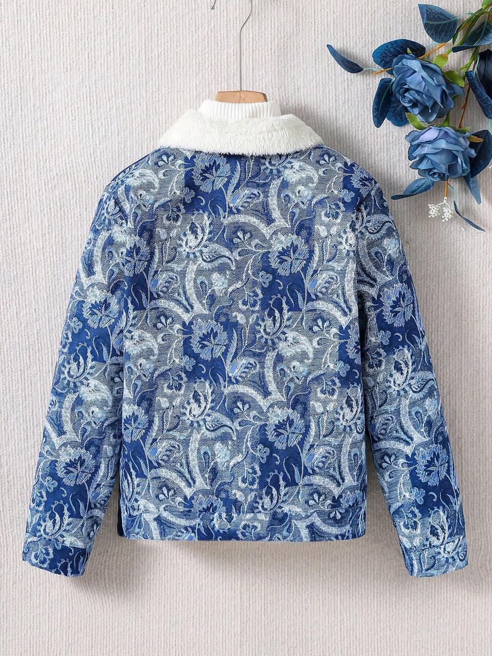 Tween Girl Allover Floral Print Borg Collar Teddy Lined Jacket Without Sweater