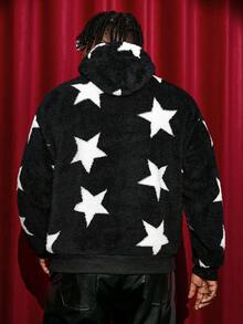 GENTILAND Lỏng lẻo phù hợp Nam Kích thước lớn Ngôi sao In Dây rút áo có mũ Lông cừu Áo nỉ - Đen và trắng - Xem 2